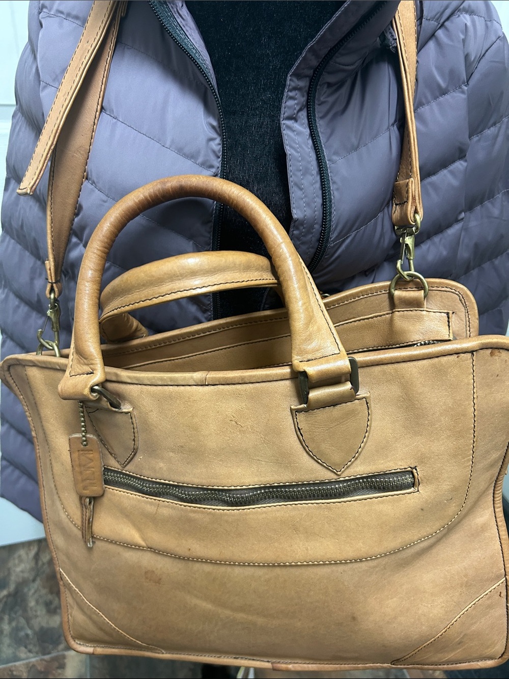 Tumi Tan Leather Briefcase Tote